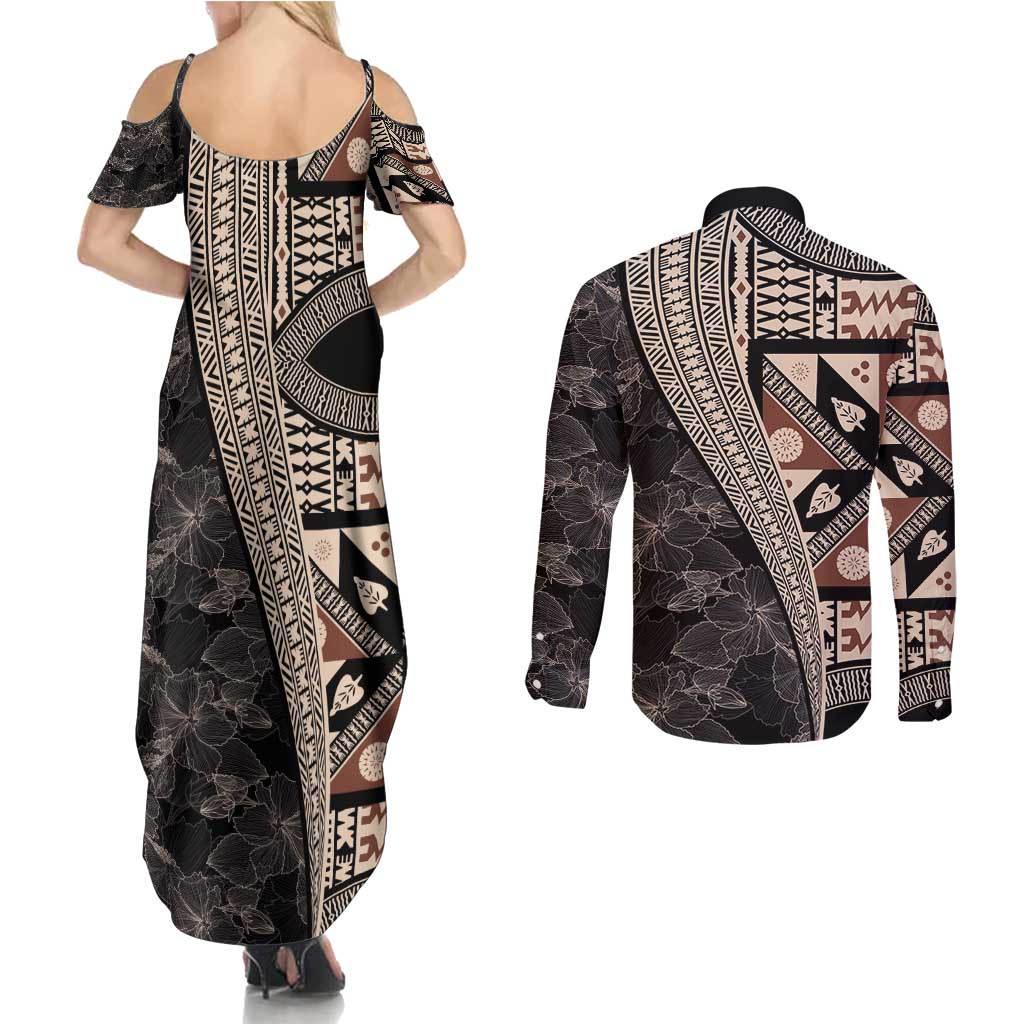 Bula Hibiscus Festival Couples Matching Summer Maxi Dress and Long Sleeve Button Shirt Fijian Masi Pattern Half Style LT03 - Polynesian Pride