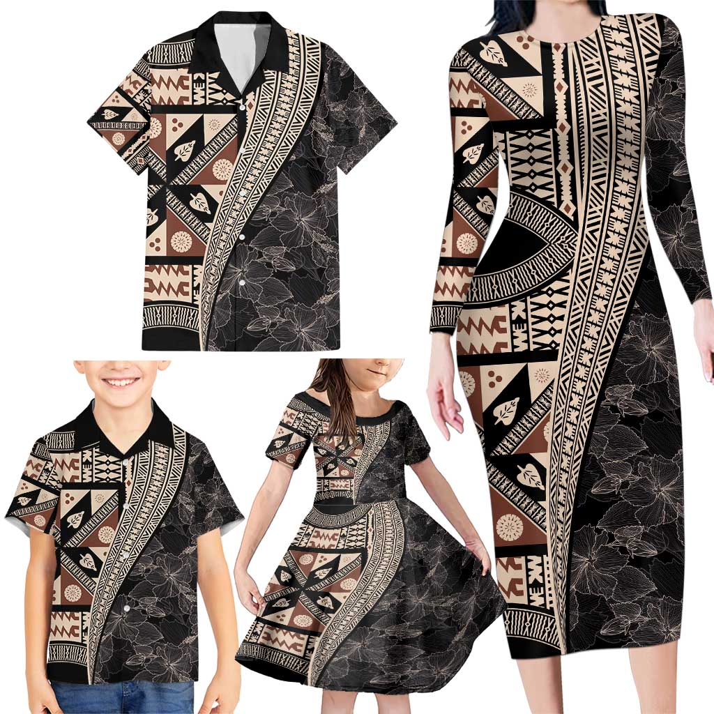 Bula Hibiscus Festival Family Matching Long Sleeve Bodycon Dress and Hawaiian Shirt Fijian Masi Pattern Half Style LT03 - Polynesian Pride