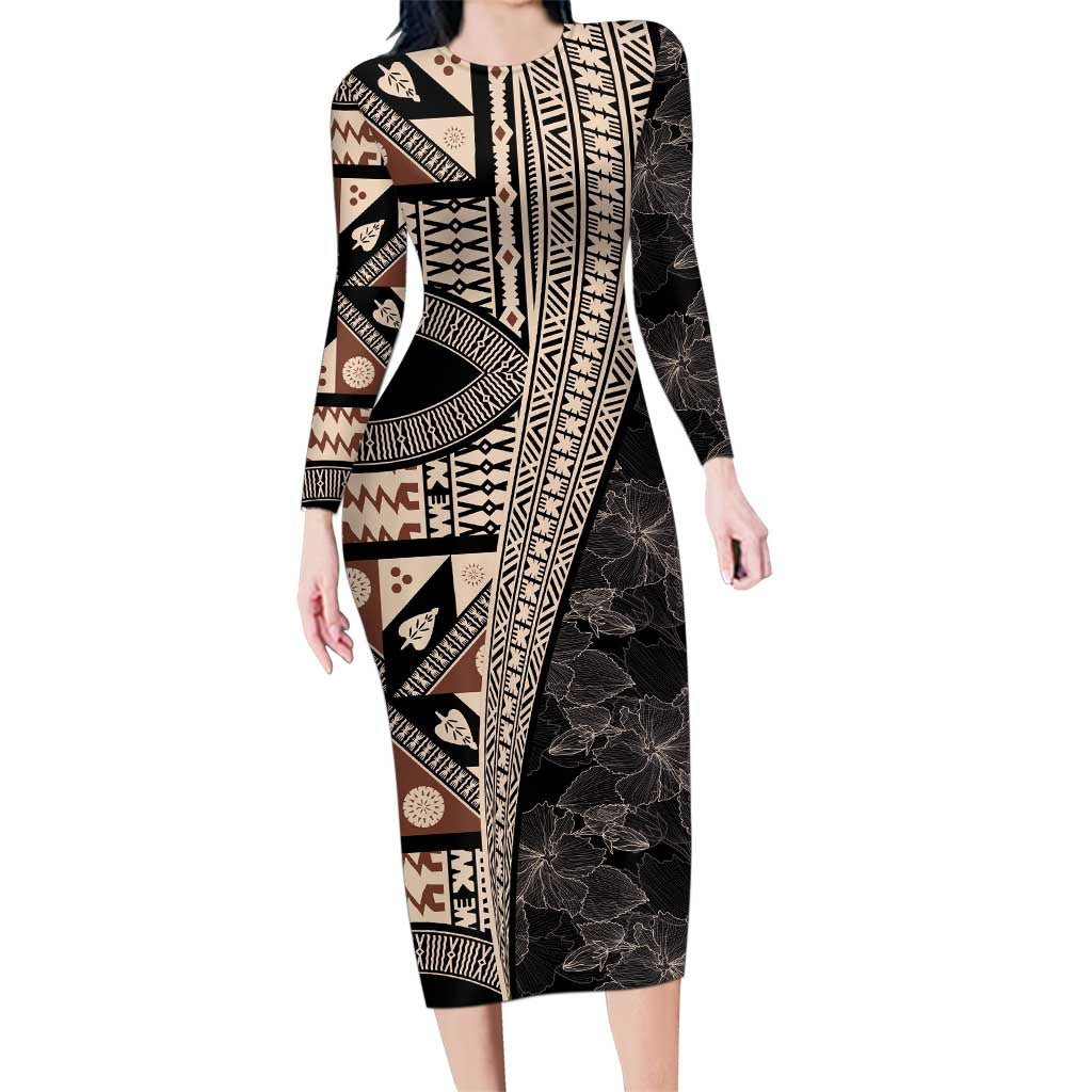 Bula Hibiscus Festival Family Matching Long Sleeve Bodycon Dress and Hawaiian Shirt Fijian Masi Pattern Half Style LT03 Mom's Dress Beige - Polynesian Pride