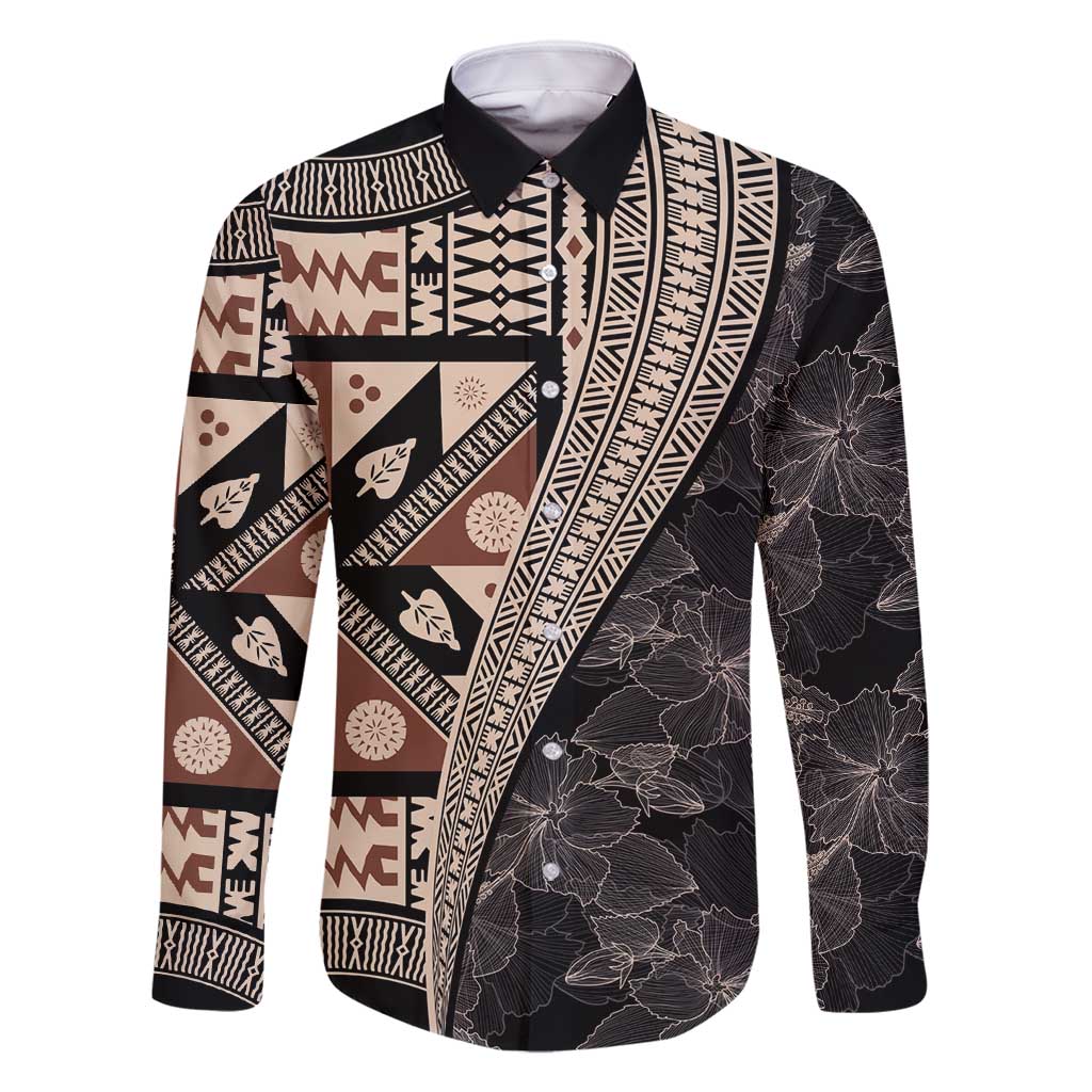 Bula Hibiscus Festival Family Matching Mermaid Dress and Hawaiian Shirt Fijian Masi Pattern Half Style LT03 Dad's Shirt - Long Sleeve Beige - Polynesian Pride