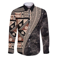 Bula Hibiscus Festival Family Matching Mermaid Dress and Hawaiian Shirt Fijian Masi Pattern Half Style LT03 Dad's Shirt - Long Sleeve Beige - Polynesian Pride