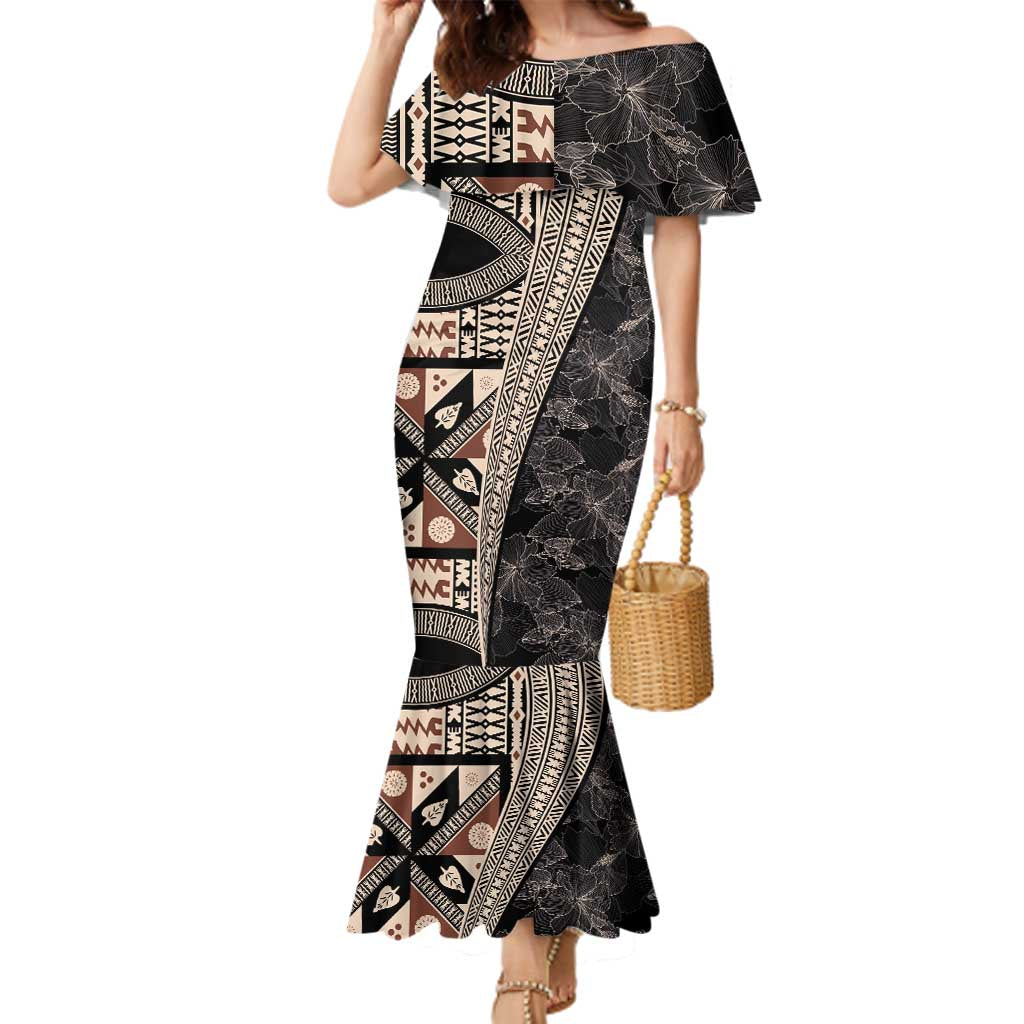 Bula Hibiscus Festival Family Matching Mermaid Dress and Hawaiian Shirt Fijian Masi Pattern Half Style LT03 Mom's Dress Beige - Polynesian Pride