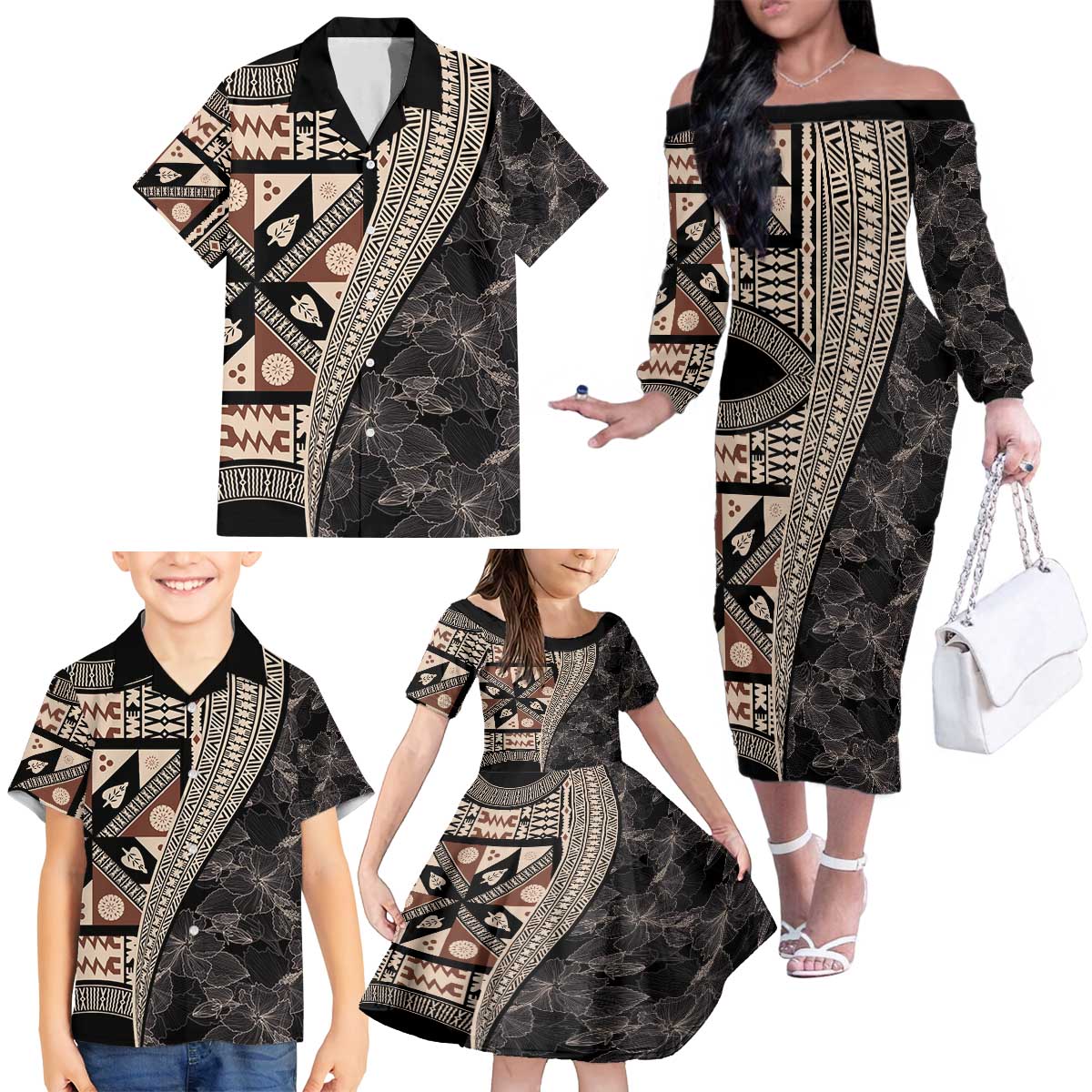 Bula Hibiscus Festival Family Matching Off The Shoulder Long Sleeve Dress and Hawaiian Shirt Fijian Masi Pattern Half Style LT03 - Polynesian Pride