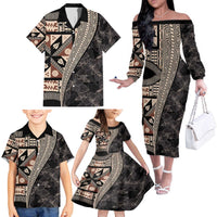 Bula Hibiscus Festival Family Matching Off The Shoulder Long Sleeve Dress and Hawaiian Shirt Fijian Masi Pattern Half Style LT03 - Polynesian Pride