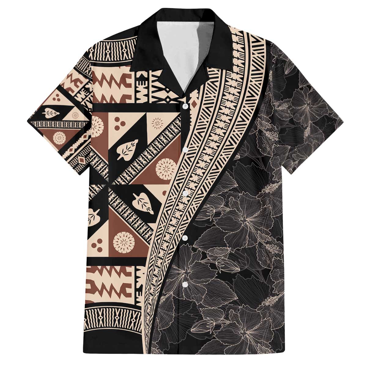 Bula Hibiscus Festival Family Matching Off The Shoulder Long Sleeve Dress and Hawaiian Shirt Fijian Masi Pattern Half Style LT03 Dad's Shirt - Short Sleeve Beige - Polynesian Pride