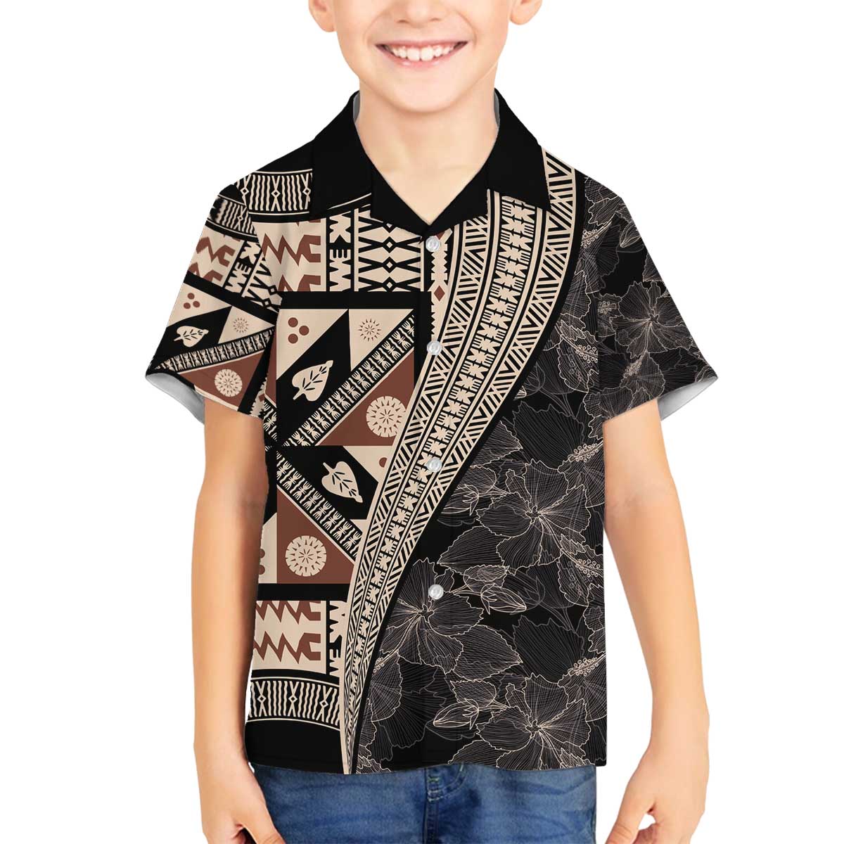 Bula Hibiscus Festival Family Matching Off The Shoulder Long Sleeve Dress and Hawaiian Shirt Fijian Masi Pattern Half Style LT03 Son's Shirt Beige - Polynesian Pride