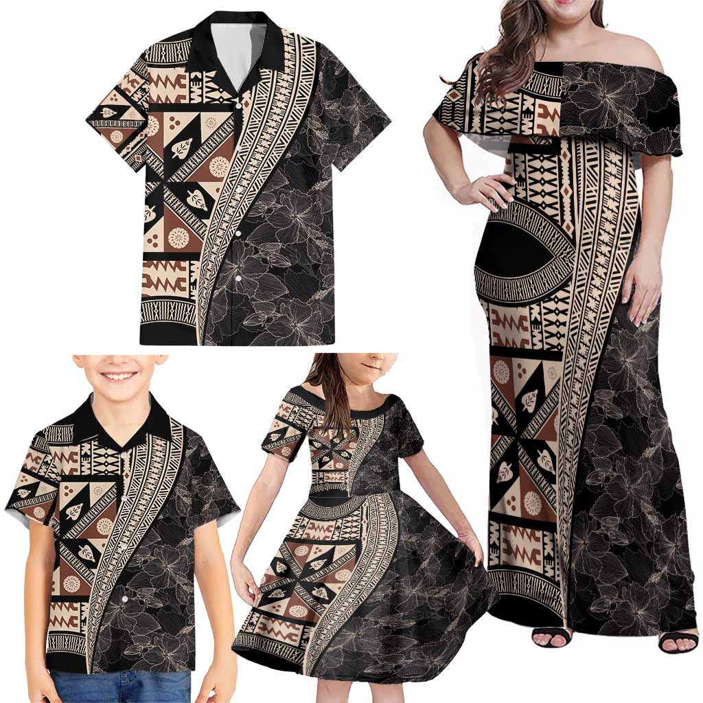 Bula Hibiscus Festival Family Matching Off Shoulder Maxi Dress and Hawaiian Shirt Fijian Masi Pattern Half Style LT03 - Polynesian Pride
