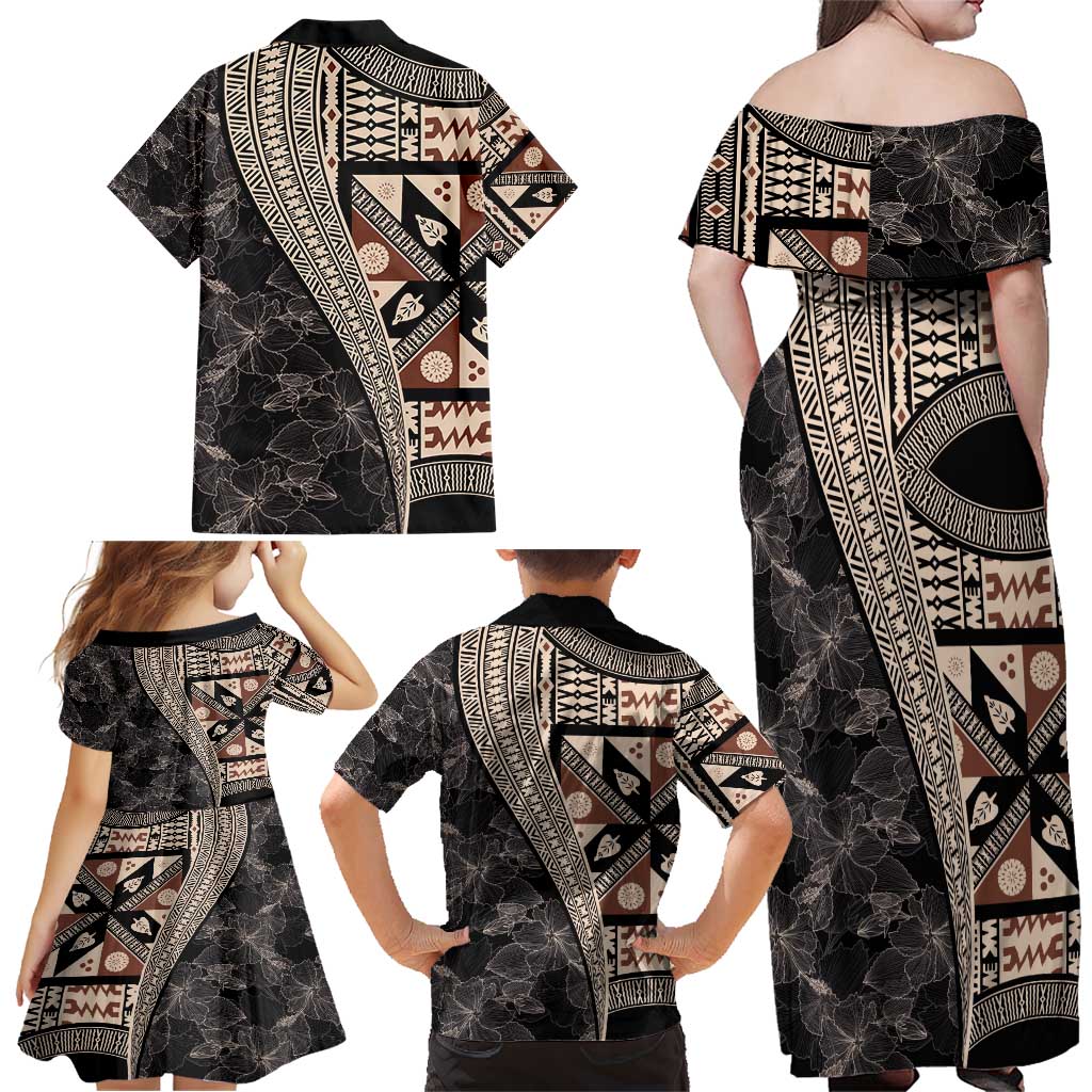 Bula Hibiscus Festival Family Matching Off Shoulder Maxi Dress and Hawaiian Shirt Fijian Masi Pattern Half Style LT03 - Polynesian Pride