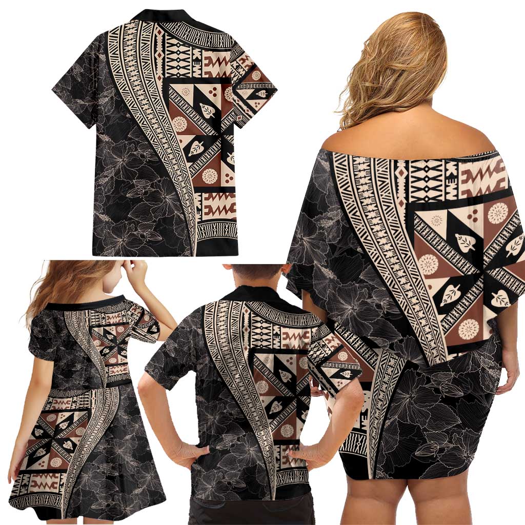 Bula Hibiscus Festival Family Matching Off Shoulder Short Dress and Hawaiian Shirt Fijian Masi Pattern Half Style LT03 - Polynesian Pride