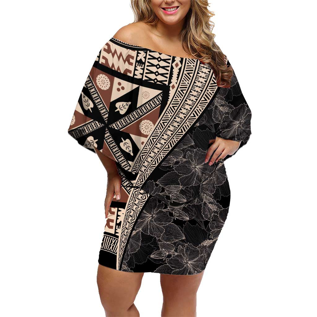 Bula Hibiscus Festival Family Matching Off Shoulder Short Dress and Hawaiian Shirt Fijian Masi Pattern Half Style LT03 Mom's Dress Beige - Polynesian Pride