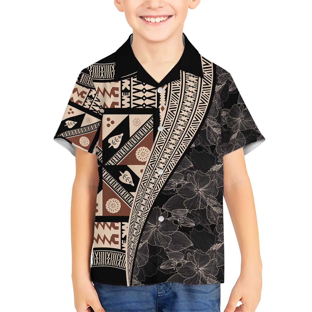Bula Hibiscus Festival Family Matching Short Sleeve Bodycon Dress and Hawaiian Shirt Fijian Masi Pattern Half Style LT03 Son's Shirt Beige - Polynesian Pride