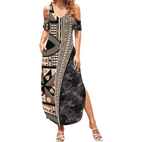 Bula Hibiscus Festival Family Matching Summer Maxi Dress and Hawaiian Shirt Fijian Masi Pattern Half Style LT03 Mom's Dress Beige - Polynesian Pride