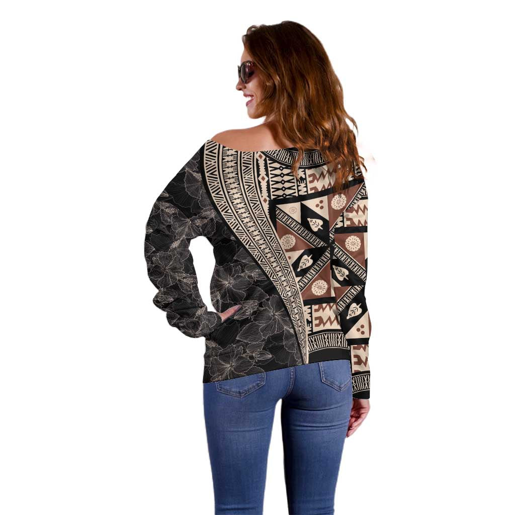 Bula Hibiscus Festival Off Shoulder Sweater Fijian Masi Pattern Half Style