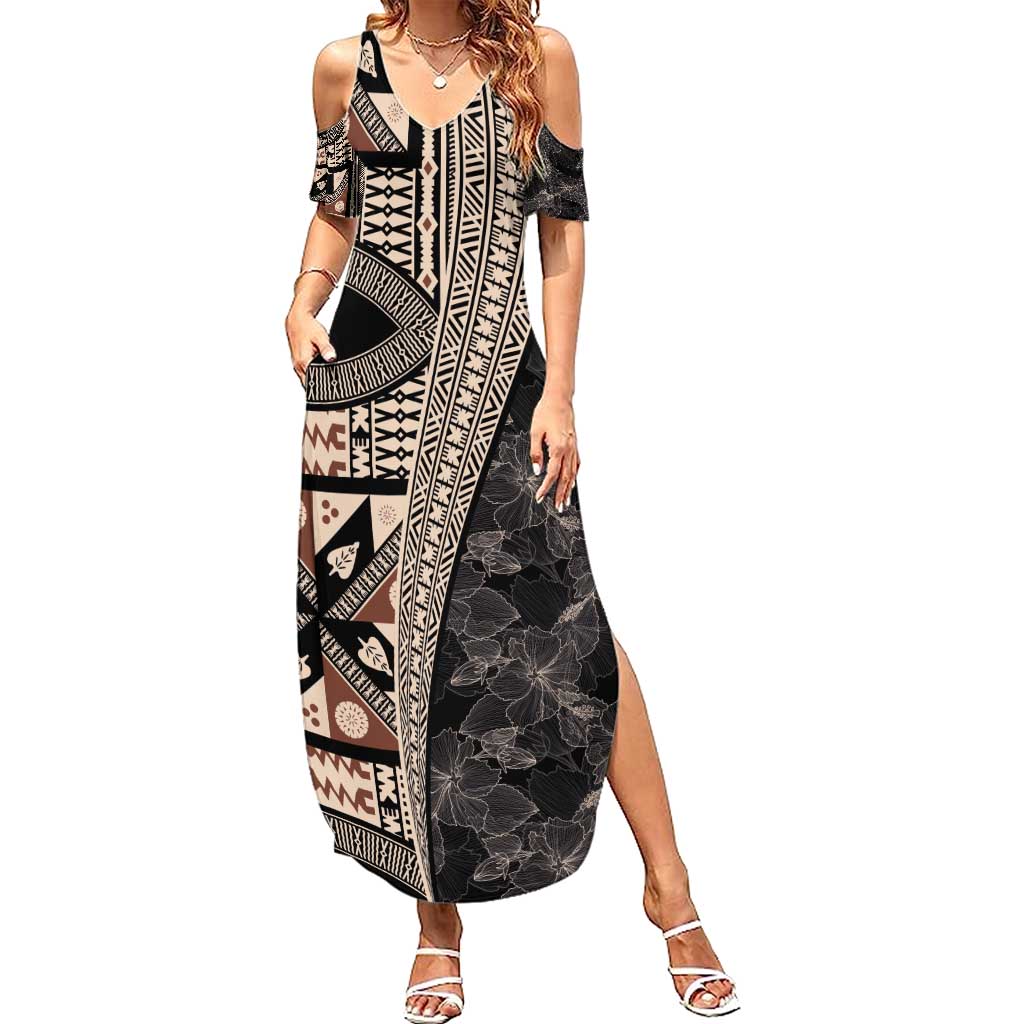 Bula Hibiscus Festival Summer Maxi Dress Fijian Masi Pattern Half Style LT03 Women Beige - Polynesian Pride
