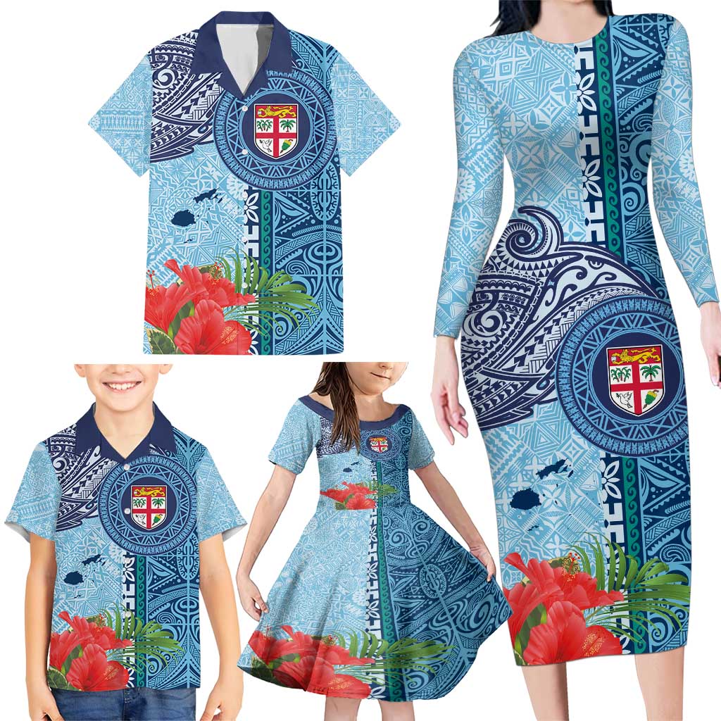 Fiji Day Family Matching Long Sleeve Bodycon Dress and Hawaiian Shirt Tapa Pattern and Hibiscus Flower LT03 - Polynesian Pride