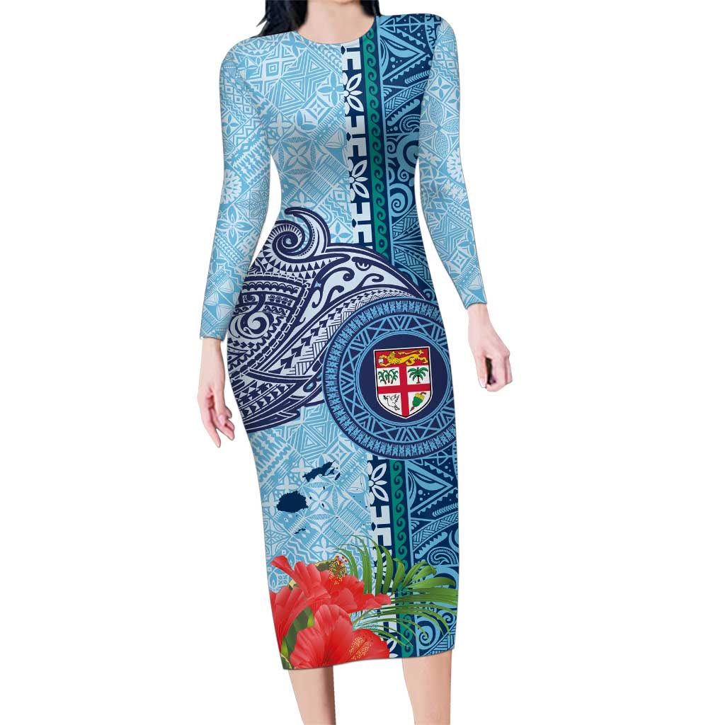 Fiji Day Family Matching Long Sleeve Bodycon Dress and Hawaiian Shirt Tapa Pattern and Hibiscus Flower LT03 Mom's Dress Blue - Polynesian Pride