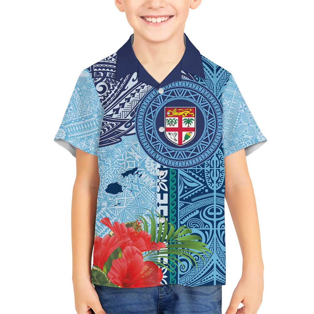 Fiji Day Family Matching Long Sleeve Bodycon Dress and Hawaiian Shirt Tapa Pattern and Hibiscus Flower LT03 Son's Shirt Blue - Polynesian Pride