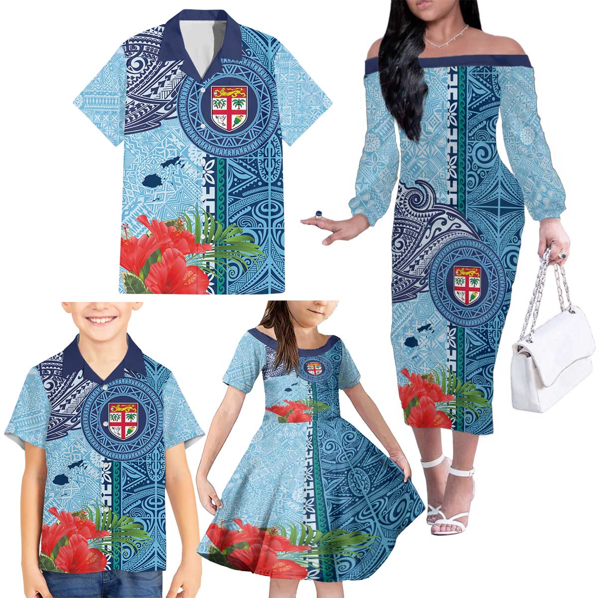 Fiji Day Family Matching Off The Shoulder Long Sleeve Dress and Hawaiian Shirt Tapa Pattern and Hibiscus Flower LT03 - Polynesian Pride