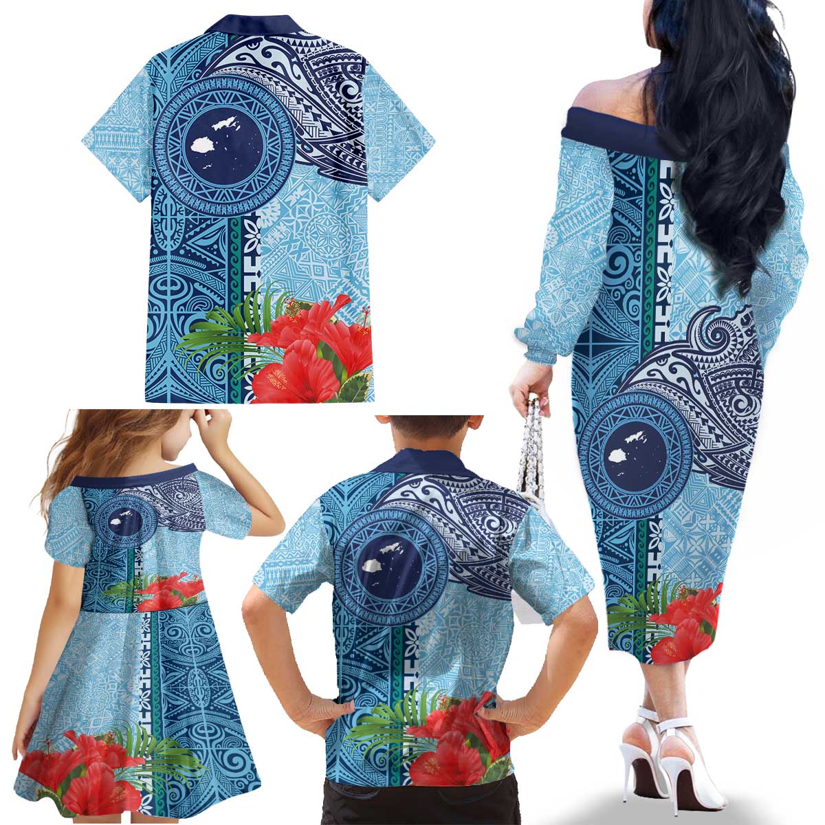 Fiji Day Family Matching Off The Shoulder Long Sleeve Dress and Hawaiian Shirt Tapa Pattern and Hibiscus Flower LT03 - Polynesian Pride