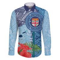 Fiji Day Family Matching Off The Shoulder Long Sleeve Dress and Hawaiian Shirt Tapa Pattern and Hibiscus Flower LT03 Dad's Shirt - Long Sleeve Blue - Polynesian Pride