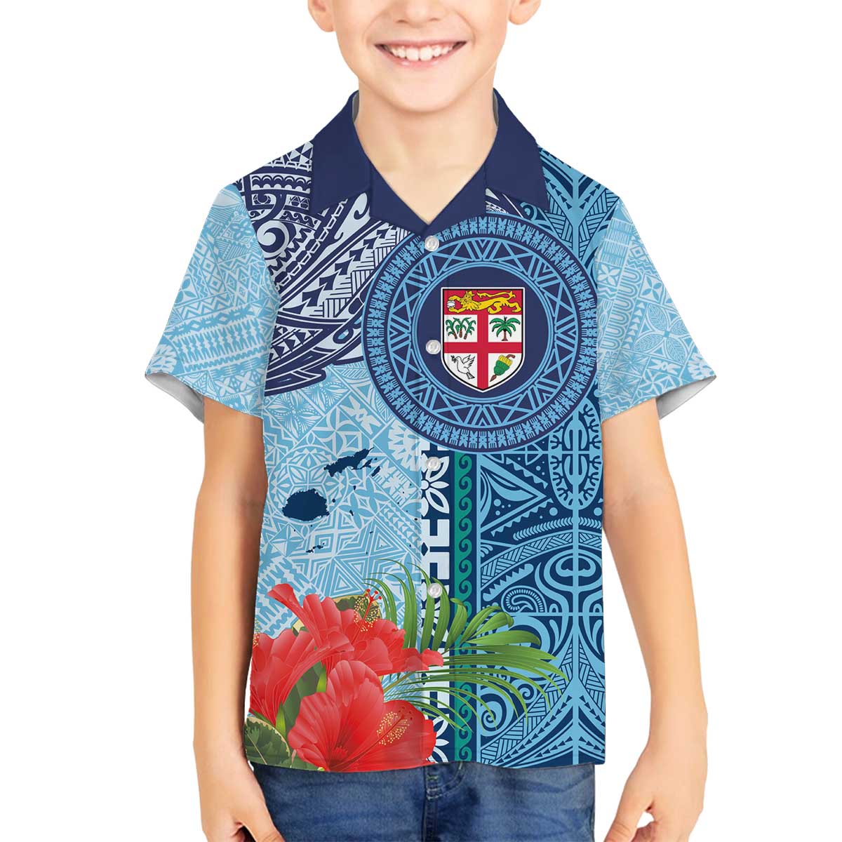 Fiji Day Family Matching Off The Shoulder Long Sleeve Dress and Hawaiian Shirt Tapa Pattern and Hibiscus Flower LT03 Son's Shirt Blue - Polynesian Pride