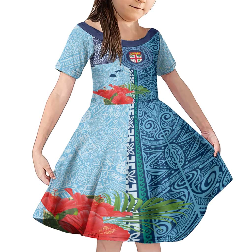 Fiji Day Family Matching Short Sleeve Bodycon Dress and Hawaiian Shirt Tapa Pattern and Hibiscus Flower LT03 Daughter's Dress Blue - Polynesian Pride