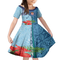 Fiji Day Family Matching Short Sleeve Bodycon Dress and Hawaiian Shirt Tapa Pattern and Hibiscus Flower LT03 Daughter's Dress Blue - Polynesian Pride