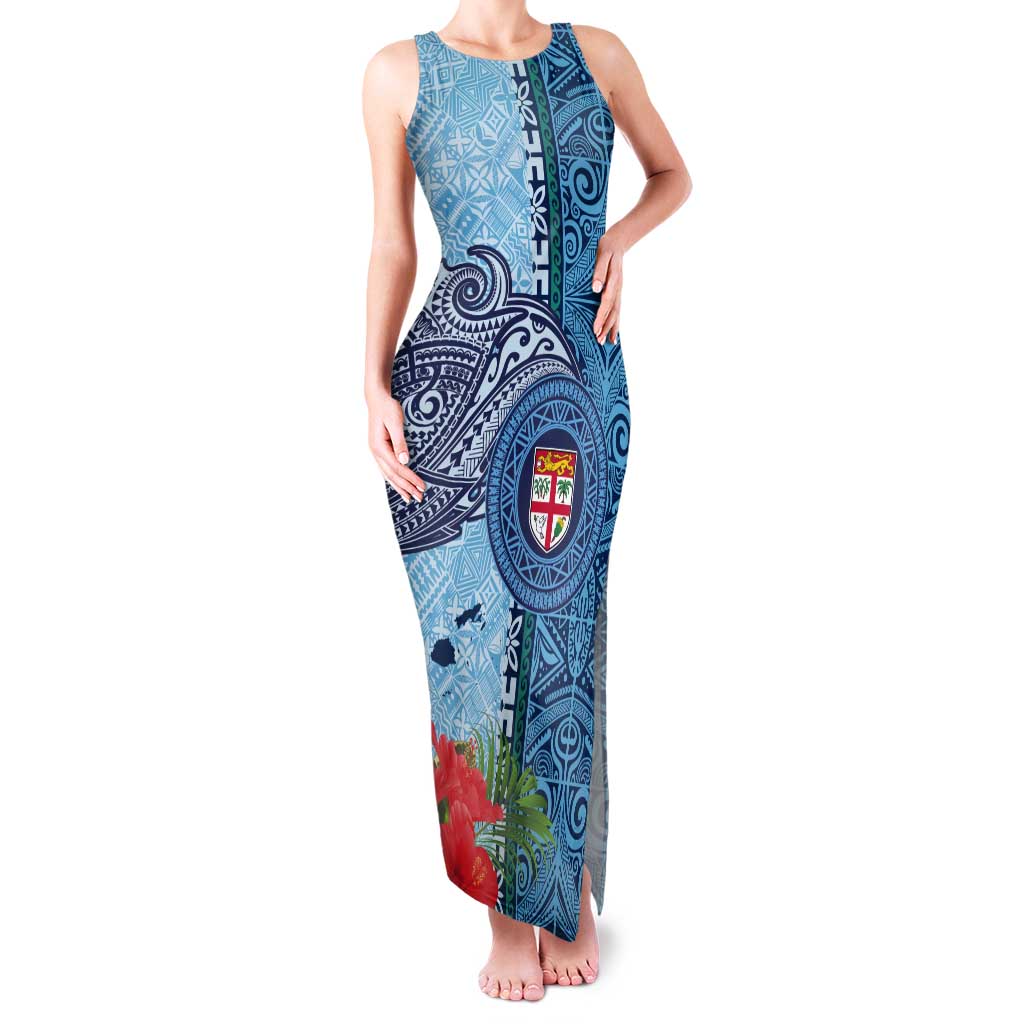 Fiji Day Tank Maxi Dress Tapa Pattern and Hibiscus Flower