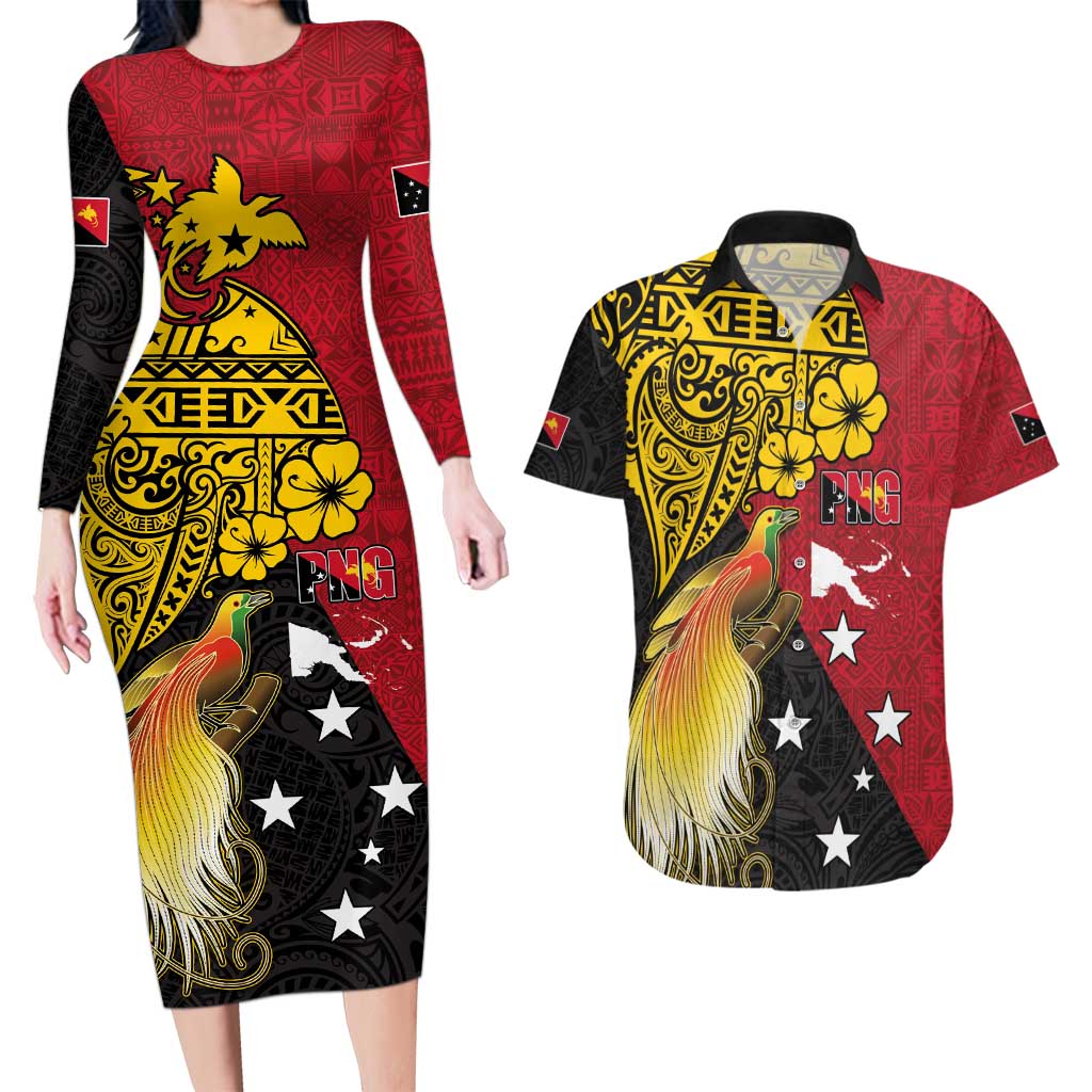 Papua New Guinea Independence Day Couples Matching Long Sleeve Bodycon Dress and Hawaiian Shirt Bird-of-Paradise with Map and Polynesian Pattern LT03 Black - Polynesian Pride