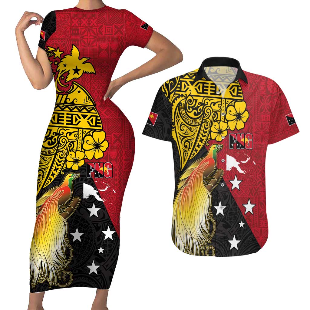 Papua New Guinea Independence Day Couples Matching Short Sleeve Bodycon Dress and Hawaiian Shirt Bird-of-Paradise with Map and Polynesian Pattern LT03 Black - Polynesian Pride