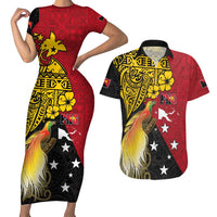 Papua New Guinea Independence Day Couples Matching Short Sleeve Bodycon Dress and Hawaiian Shirt Bird-of-Paradise with Map and Polynesian Pattern LT03 Black - Polynesian Pride