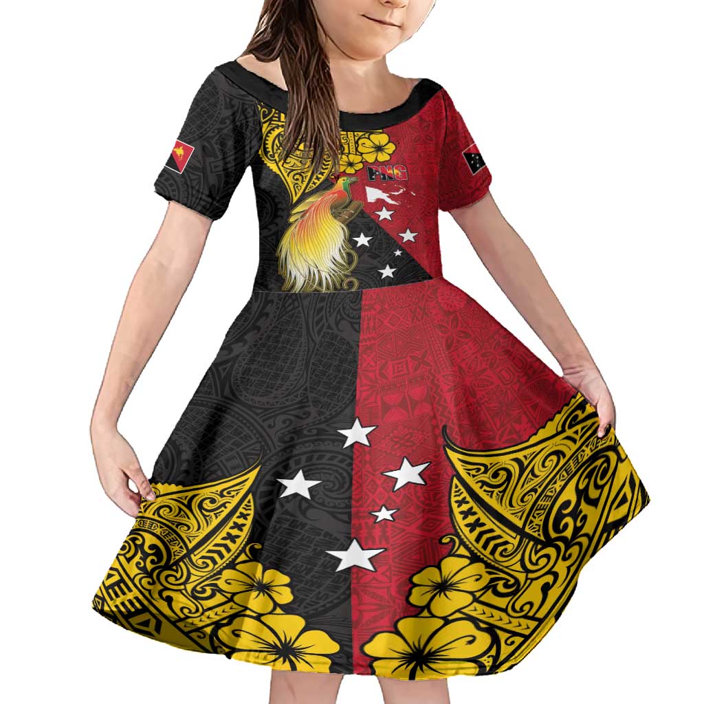 Papua New Guinea Independence Day Family Matching Long Sleeve Bodycon Dress and Hawaiian Shirt Bird-of-Paradise with Map and Polynesian Pattern LT03 Daughter's Dress Black - Polynesian Pride