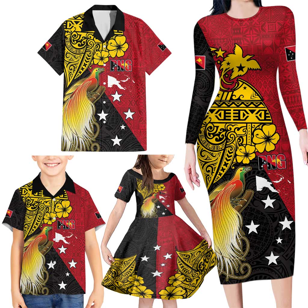 Papua New Guinea Independence Day Family Matching Long Sleeve Bodycon Dress and Hawaiian Shirt Bird-of-Paradise with Map and Polynesian Pattern LT03 - Polynesian Pride