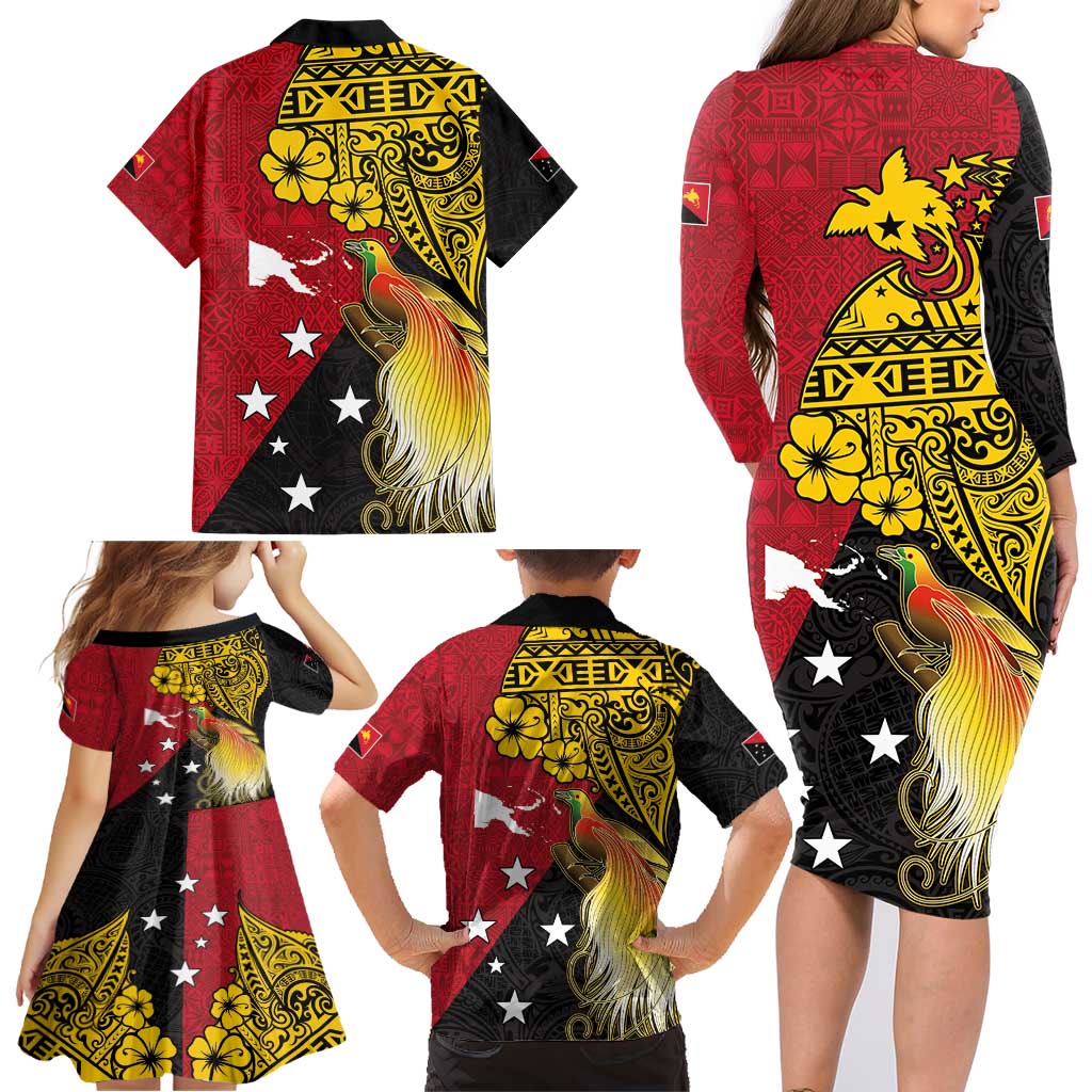 Papua New Guinea Independence Day Family Matching Long Sleeve Bodycon Dress and Hawaiian Shirt Bird-of-Paradise with Map and Polynesian Pattern LT03 - Polynesian Pride