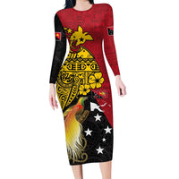 Papua New Guinea Independence Day Family Matching Long Sleeve Bodycon Dress and Hawaiian Shirt Bird-of-Paradise with Map and Polynesian Pattern LT03 Mom's Dress Black - Polynesian Pride