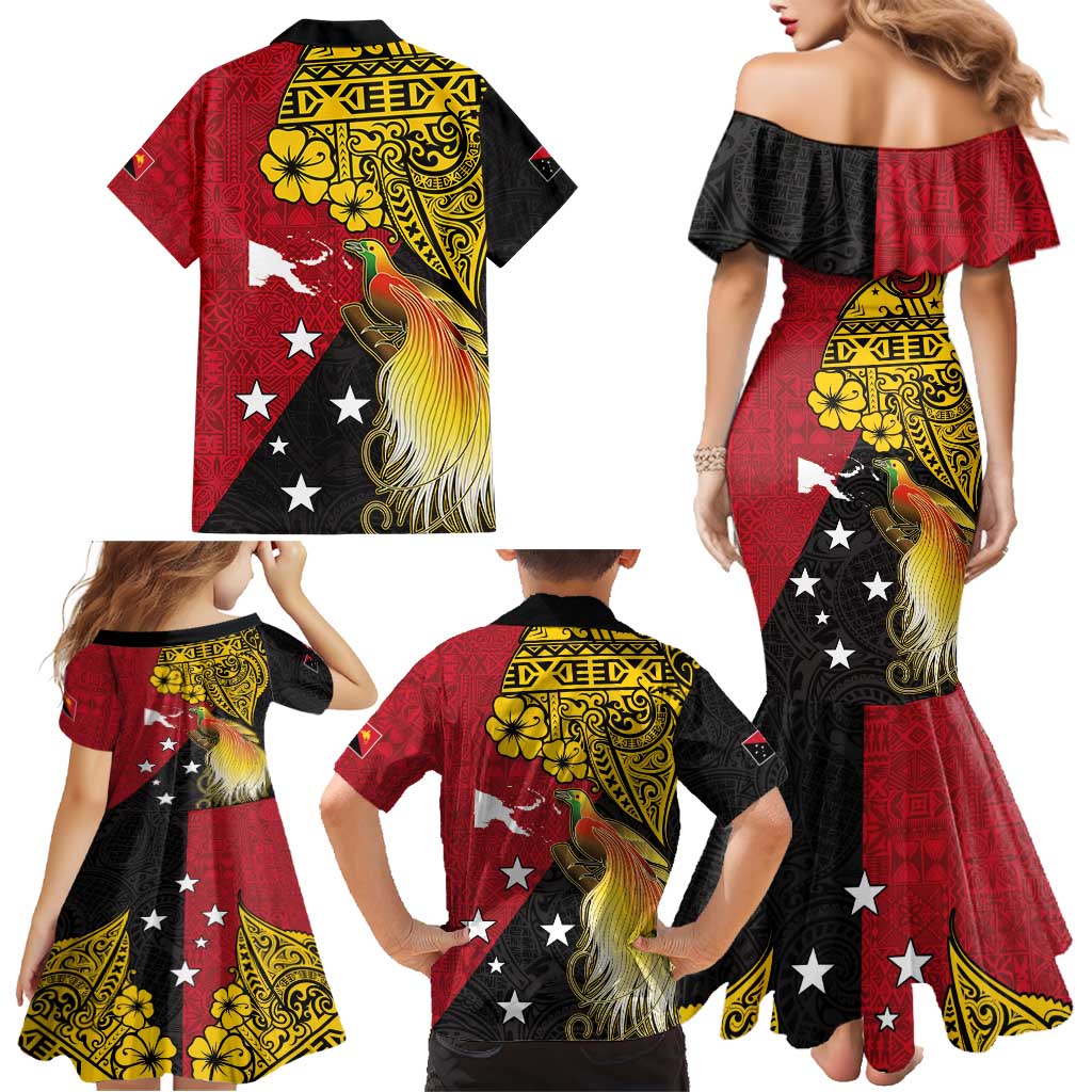 Papua New Guinea Independence Day Family Matching Mermaid Dress and Hawaiian Shirt Bird-of-Paradise with Map and Polynesian Pattern LT03 - Polynesian Pride