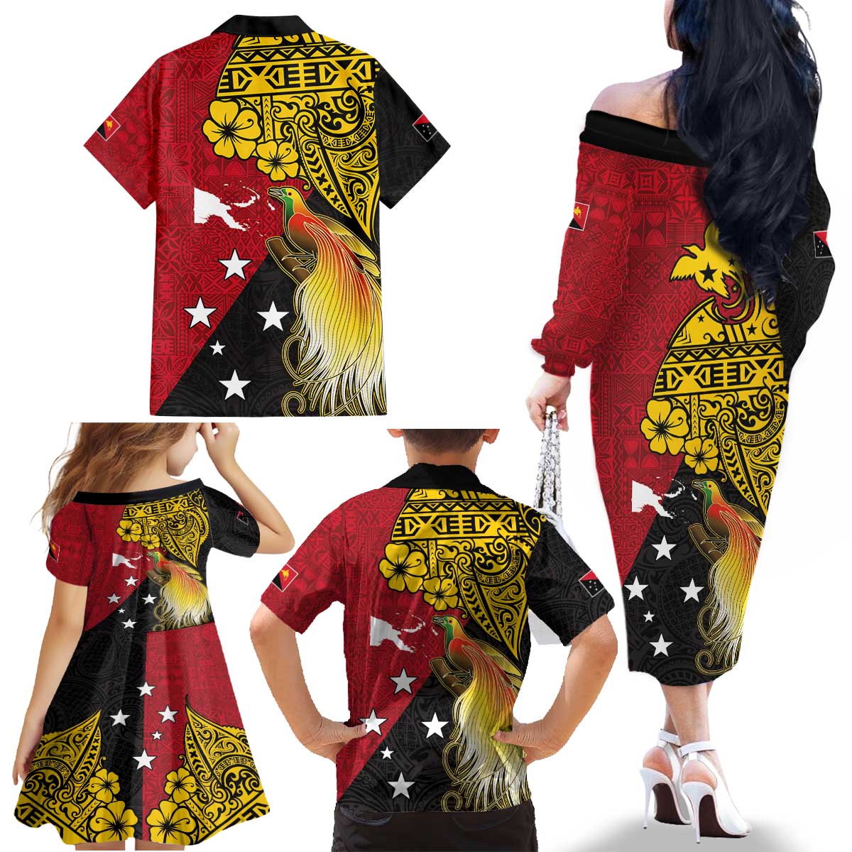 Papua New Guinea Independence Day Family Matching Off The Shoulder Long Sleeve Dress and Hawaiian Shirt Bird-of-Paradise with Map and Polynesian Pattern LT03 - Polynesian Pride