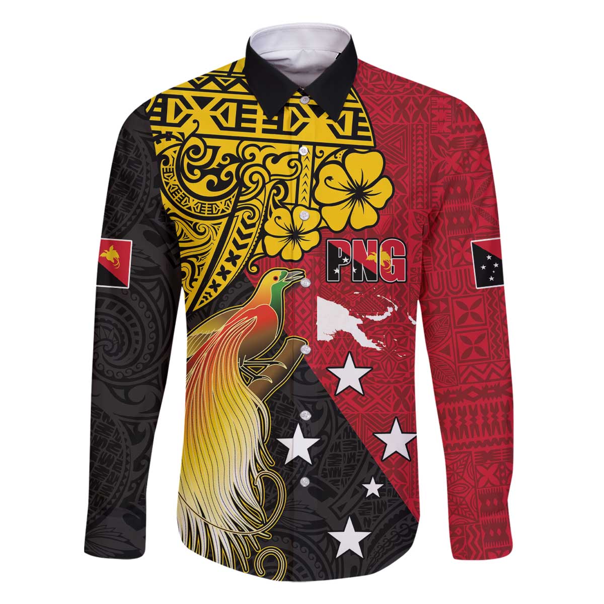Papua New Guinea Independence Day Family Matching Off The Shoulder Long Sleeve Dress and Hawaiian Shirt Bird-of-Paradise with Map and Polynesian Pattern LT03 Dad's Shirt - Long Sleeve Black - Polynesian Pride
