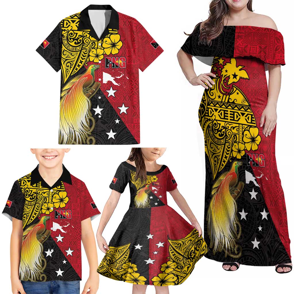 Papua New Guinea Independence Day Family Matching Off Shoulder Maxi Dress and Hawaiian Shirt Bird-of-Paradise with Map and Polynesian Pattern LT03 - Polynesian Pride