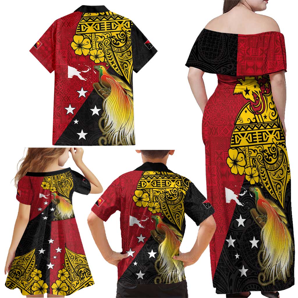 Papua New Guinea Independence Day Family Matching Off Shoulder Maxi Dress and Hawaiian Shirt Bird-of-Paradise with Map and Polynesian Pattern LT03 - Polynesian Pride