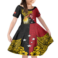 Papua New Guinea Independence Day Family Matching Off Shoulder Short Dress and Hawaiian Shirt Bird-of-Paradise with Map and Polynesian Pattern LT03 Daughter's Dress Black - Polynesian Pride