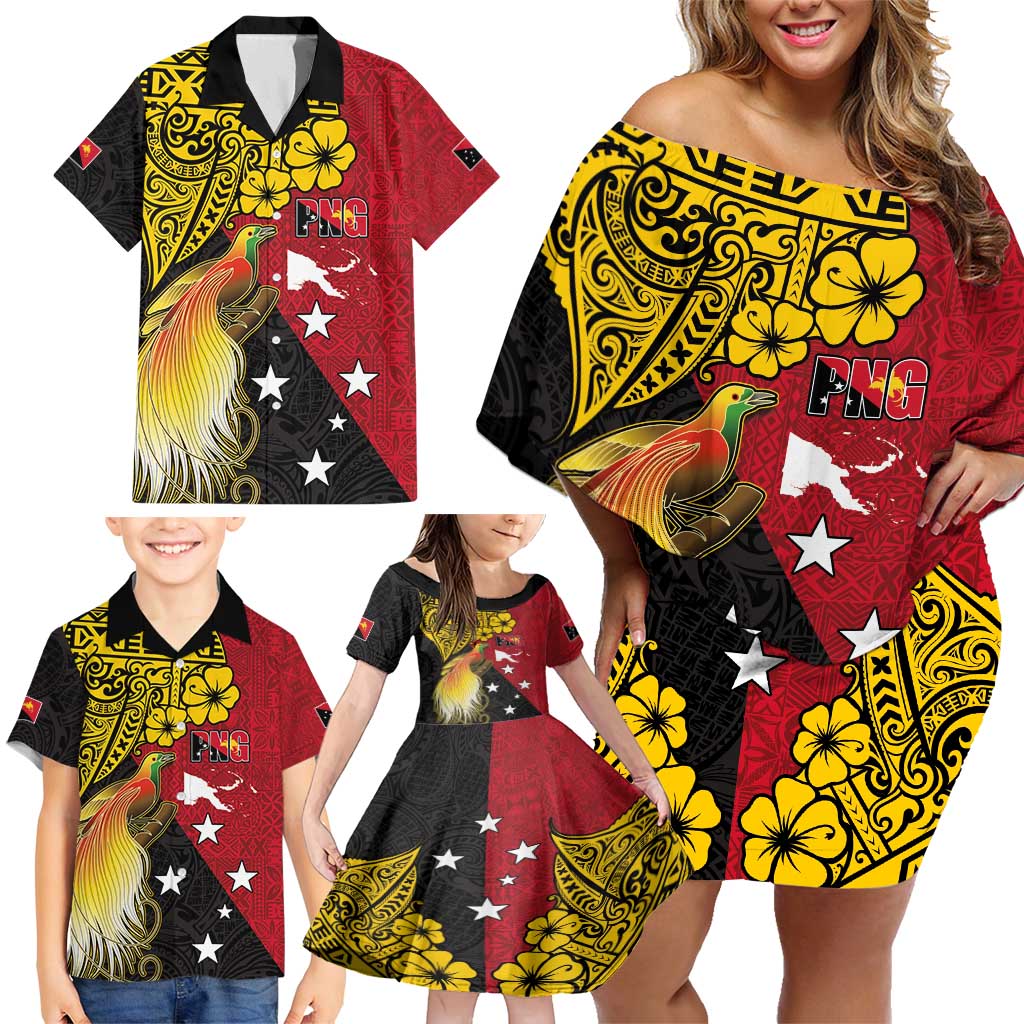 Papua New Guinea Independence Day Family Matching Off Shoulder Short Dress and Hawaiian Shirt Bird-of-Paradise with Map and Polynesian Pattern LT03 - Polynesian Pride