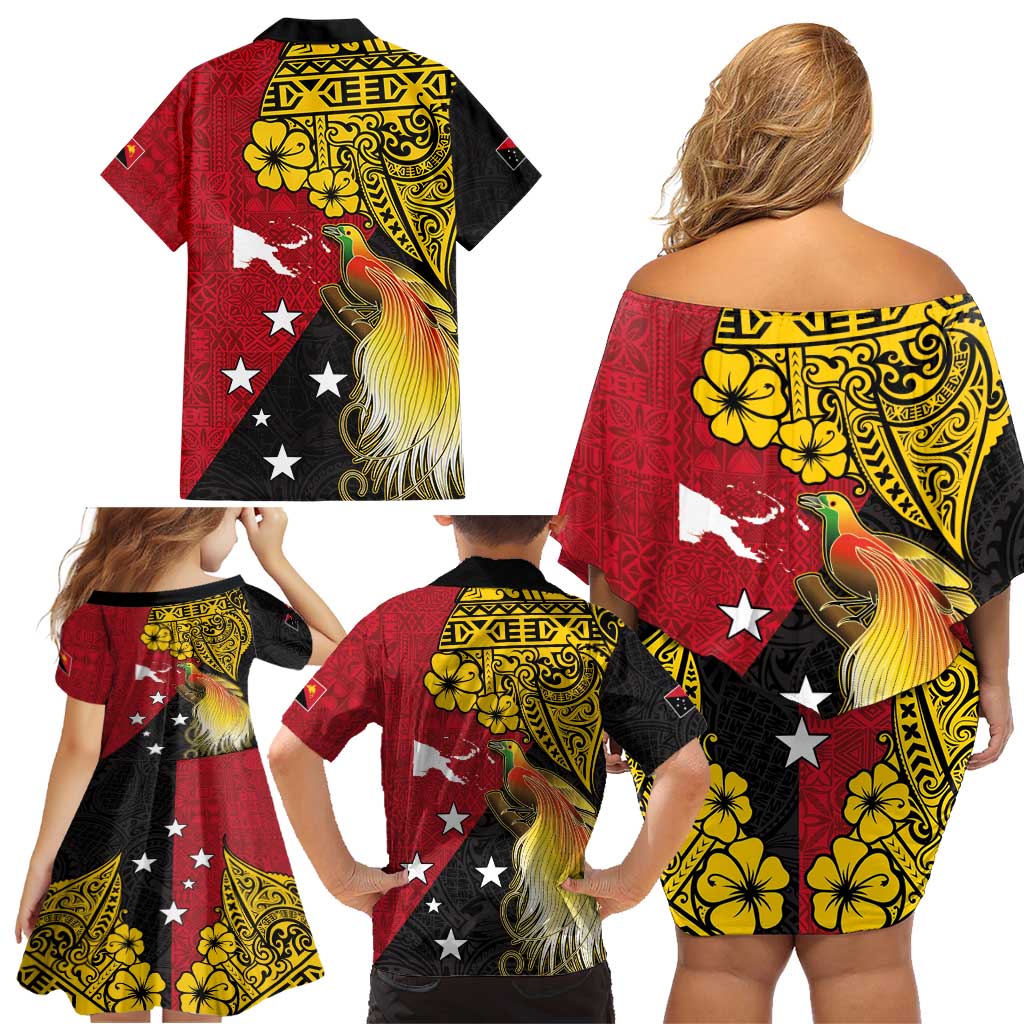 Papua New Guinea Independence Day Family Matching Off Shoulder Short Dress and Hawaiian Shirt Bird-of-Paradise with Map and Polynesian Pattern LT03 - Polynesian Pride