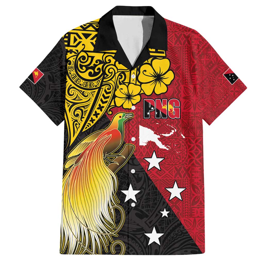 Papua New Guinea Independence Day Family Matching Off Shoulder Short Dress and Hawaiian Shirt Bird-of-Paradise with Map and Polynesian Pattern LT03 Dad's Shirt - Short Sleeve Black - Polynesian Pride