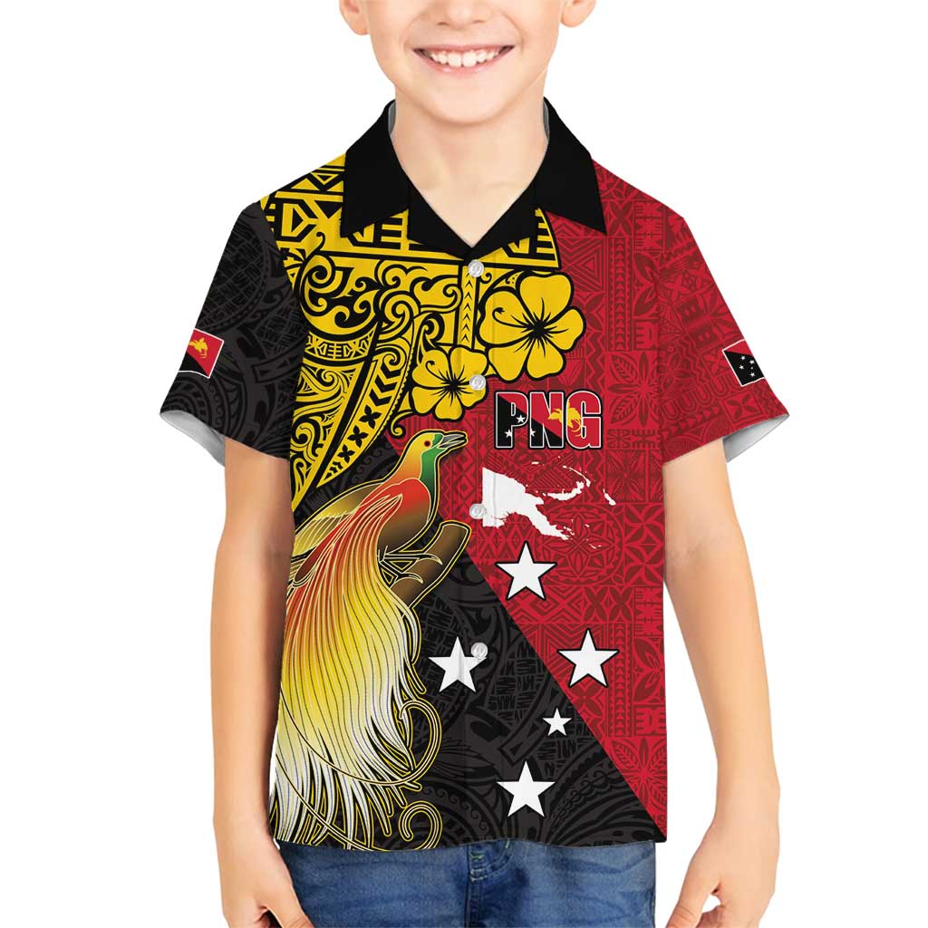 Papua New Guinea Independence Day Family Matching Off Shoulder Short Dress and Hawaiian Shirt Bird-of-Paradise with Map and Polynesian Pattern LT03 Son's Shirt Black - Polynesian Pride