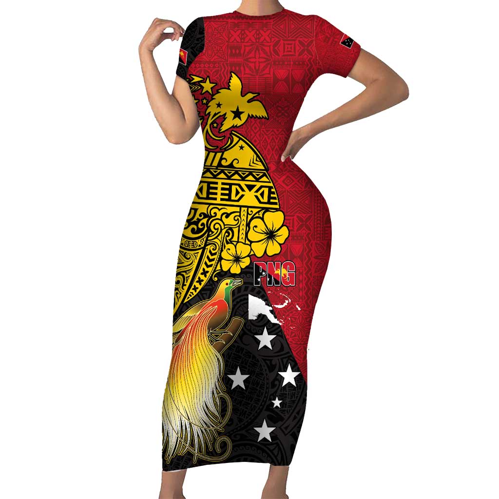 Papua New Guinea Independence Day Family Matching Short Sleeve Bodycon Dress and Hawaiian Shirt Bird-of-Paradise with Map and Polynesian Pattern LT03 Mom's Dress Black - Polynesian Pride