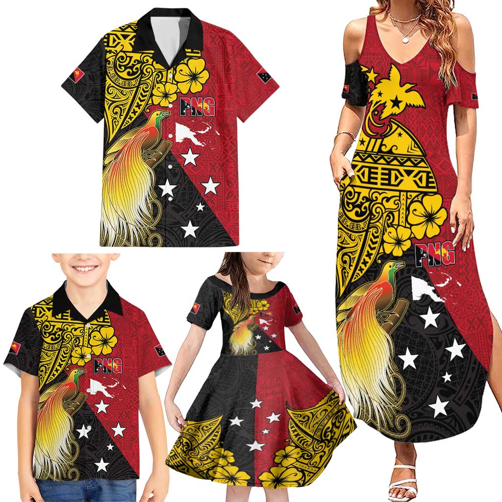 Papua New Guinea Independence Day Family Matching Summer Maxi Dress and Hawaiian Shirt Bird-of-Paradise with Map and Polynesian Pattern LT03 - Polynesian Pride
