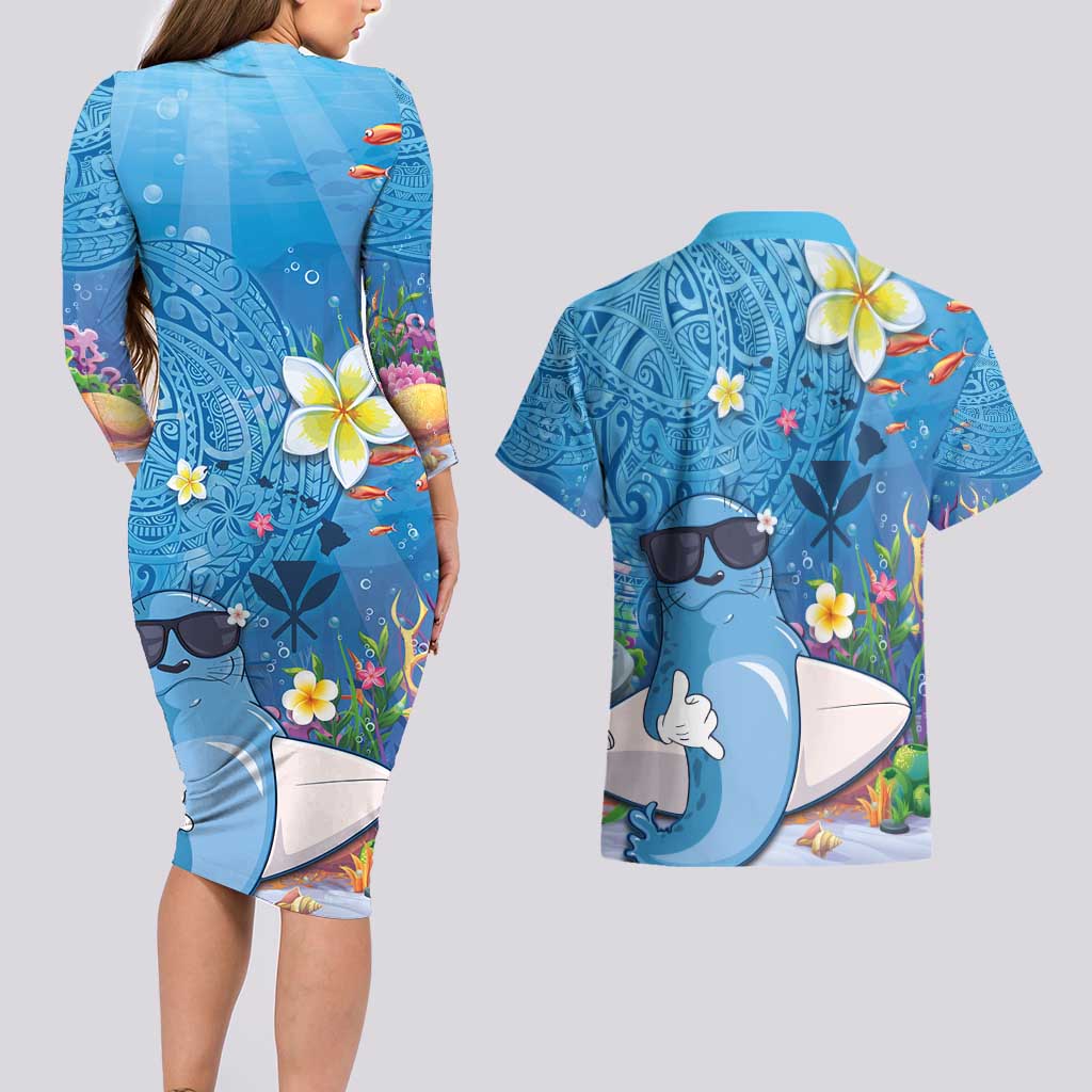 Aloha Hawaiian Monk Seal Couples Matching Long Sleeve Bodycon Dress and Hawaiian Shirt Polynesian Tattoo The Ocean and Undersea Vibe LT03 - Polynesian Pride