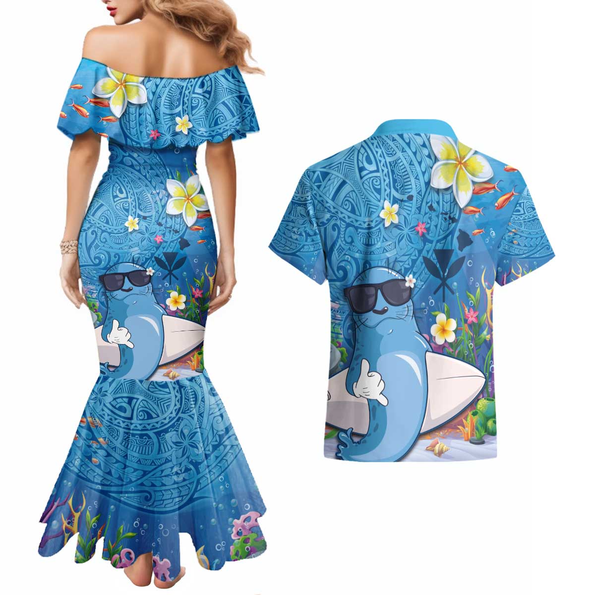 Aloha Hawaiian Monk Seal Couples Matching Mermaid Dress and Hawaiian Shirt Polynesian Tattoo The Ocean and Undersea Vibe LT03 - Polynesian Pride