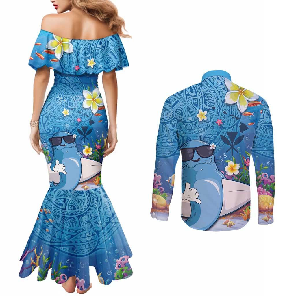 Aloha Hawaiian Monk Seal Couples Matching Mermaid Dress and Long Sleeve Button Shirt Polynesian Tattoo The Ocean and Undersea Vibe LT03 - Polynesian Pride